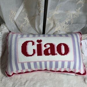 Cupcakes and cashmere “Ciao” needlepoint accent pillow
